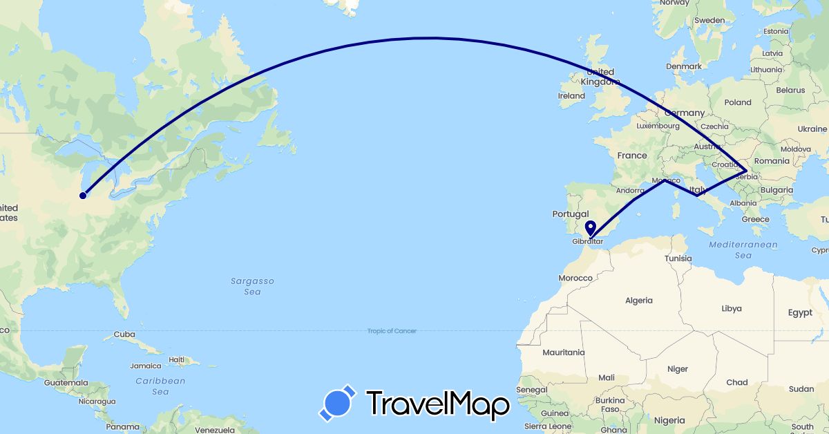 TravelMap itinerary: driving in Spain, France, Italy, Serbia, United States (Europe, North America)